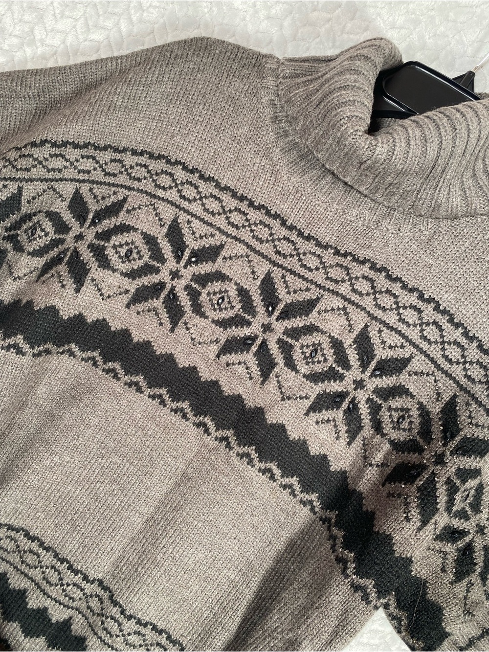 Dressbarn Fair Isle Snowflake Turtleneck Sweater Belted Short Sleeve M Gray